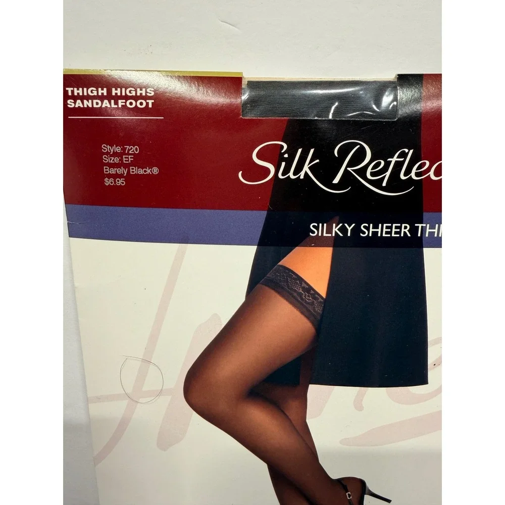 Hanes Silk Reflections Silky Sheer Thigh Highs Barely Black Sandalfoot 720 SZ EF